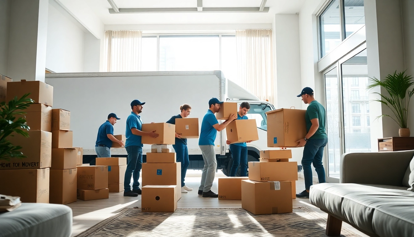 Residential movers NYC team efficiently packing and moving furniture in a bright apartment.