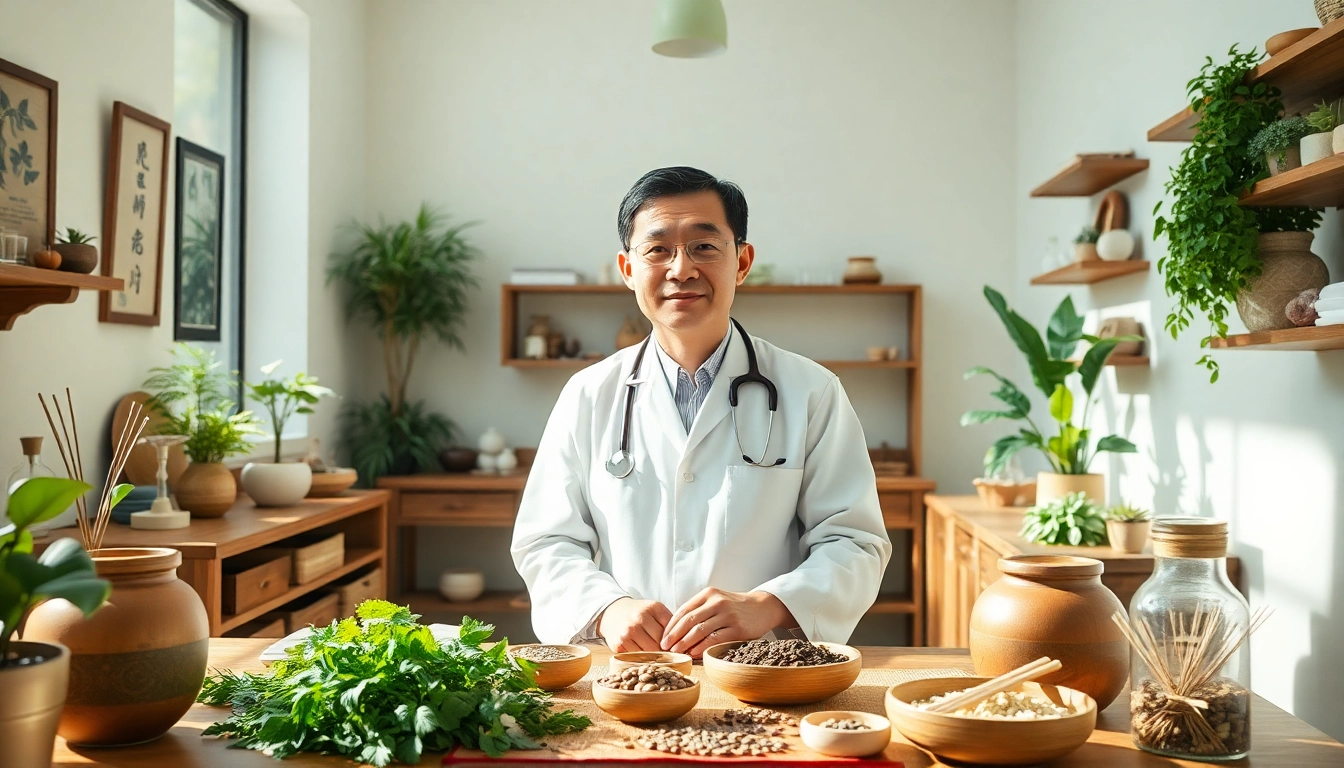 Pengobatan tradisional China dengan ahli herbal Cina dalam suasana yang tenang dan alami.