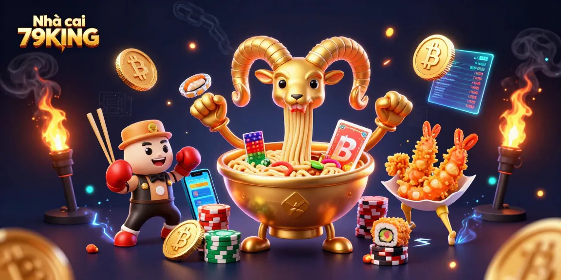 Engage with Nhà cái 79KING as the golden ramen bowl deals cards surrounded by crypto elements.