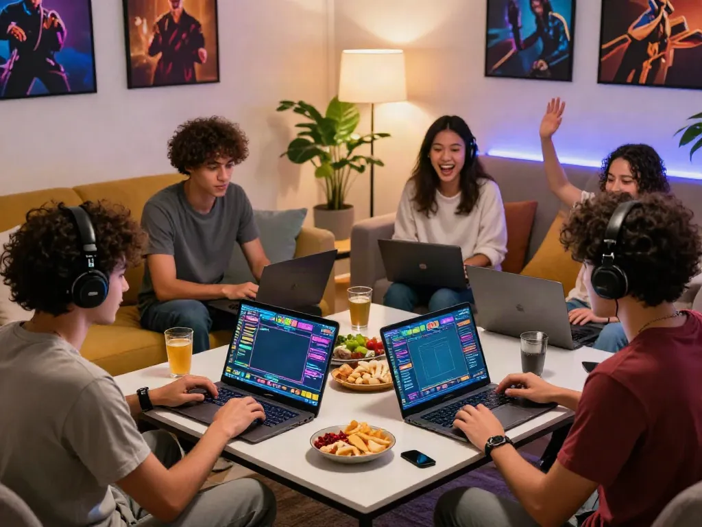 Group enjoying togel online gaming session with laptops and snacks.