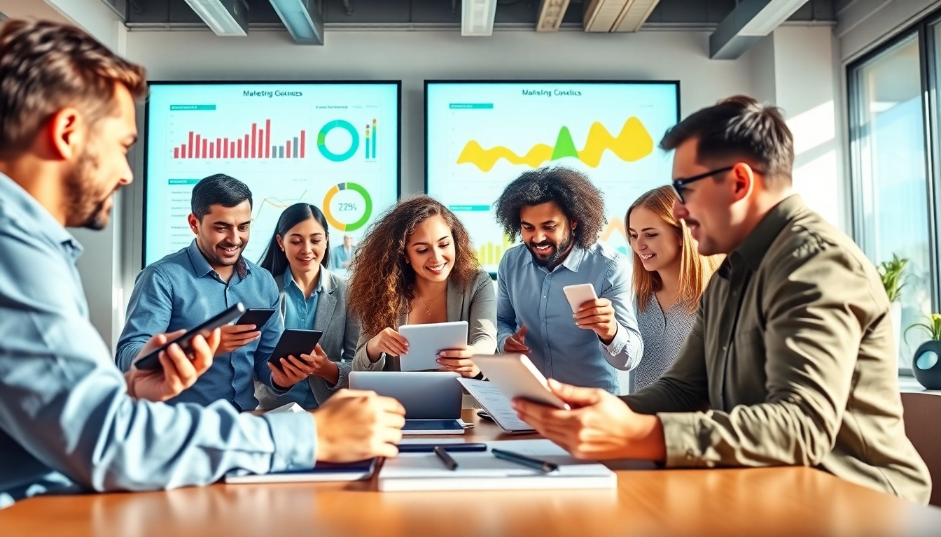Digital Marketing Heroes collaborating in a modern office setting showcasing teamwork and creativity.
