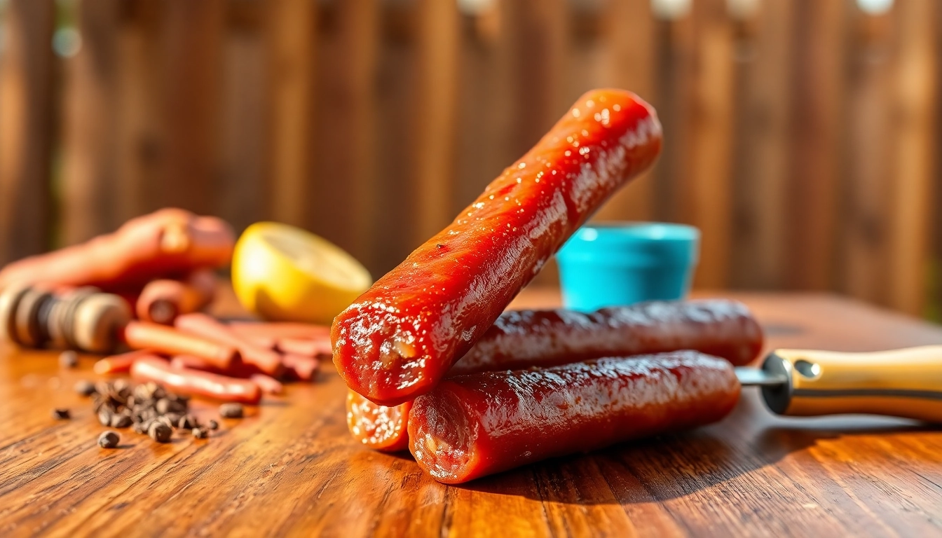 Discover delicious slim jim nutrition with a close-up of a savory meat stick against a rustic backdrop.
