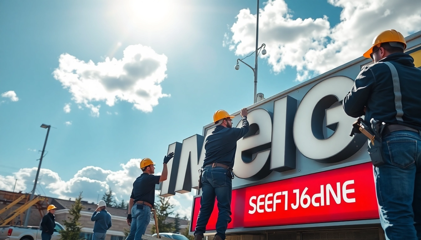 Installing a custom sign by a sign company edmonton, showcasing skilled technicians and bright outdoor elements.