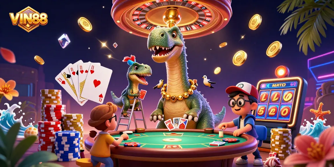 Experience the excitement of VIN88 with vibrant 3D casino characters at an epic poker table.