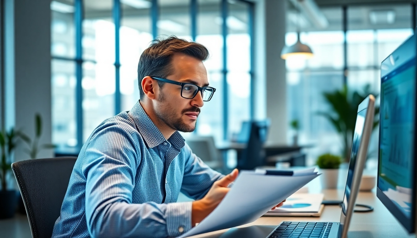 Marketing manager analyzing strategies in a modern office filled with digital reports.