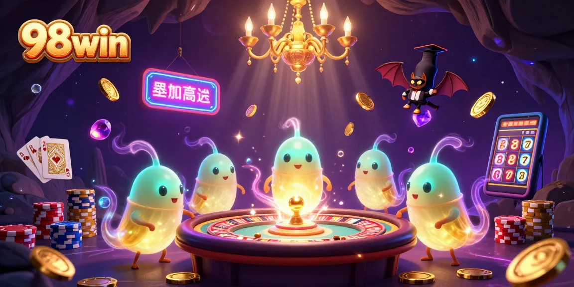 Join the exciting 98win cave casino with glowing characters and dynamic gaming elements!