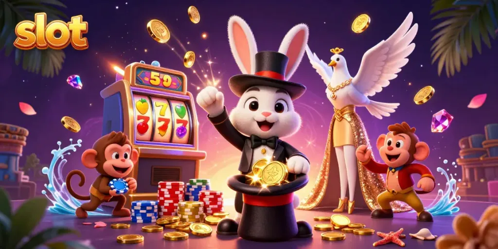 Experience the excitement of slot games with a magical 3D scene of characters and casino elements.