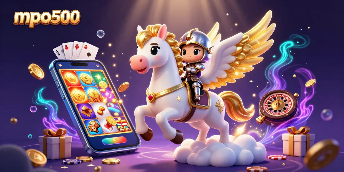 Experience mpo500's dynamic gameplay with a celestial horse in 3D, golden coins, and card action.