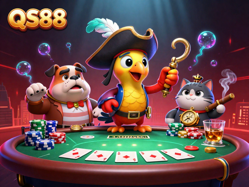 Experience excitement at QS88 with animated pirate scenes filled with poker, chips, and vibrant casino activity.
