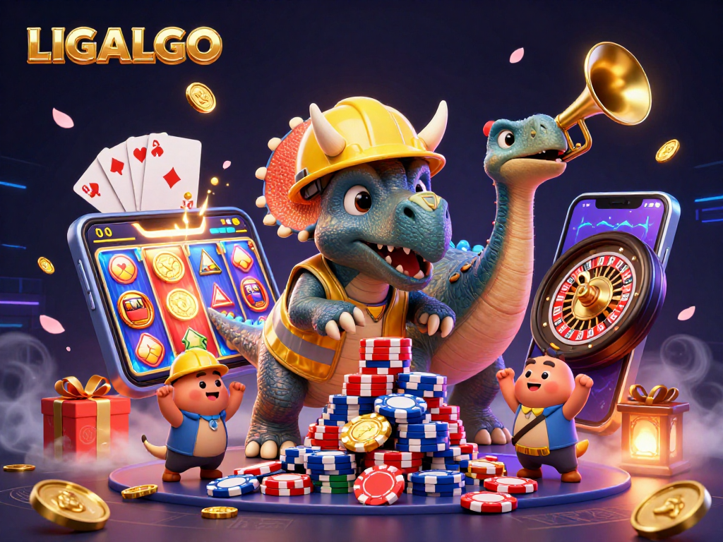 LIGALGO showcases thrilling slot games with a fun cartoon scene of dinosaurs at a casino.