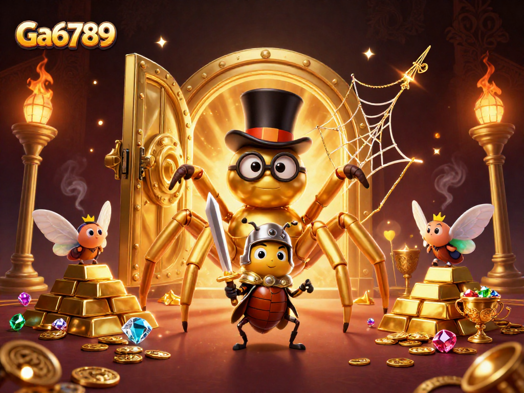 Ga6789 showcases a 3D golden tarantula and beetle knight in a vibrant casino scene.