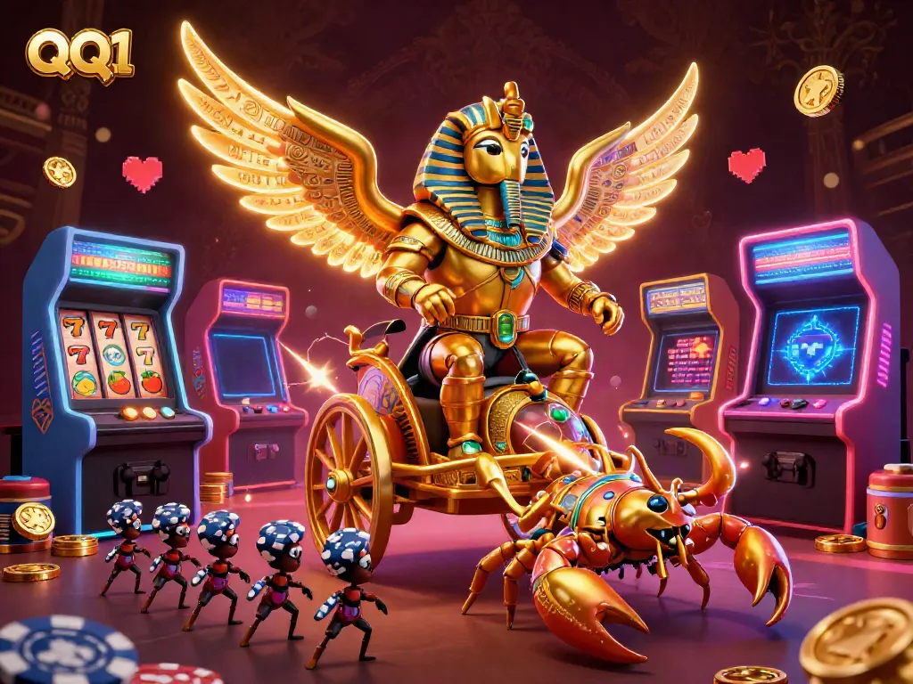 Experience QQ1221 gameplay magic with vibrant slot reels and thrilling visuals in a packed casino illustration.