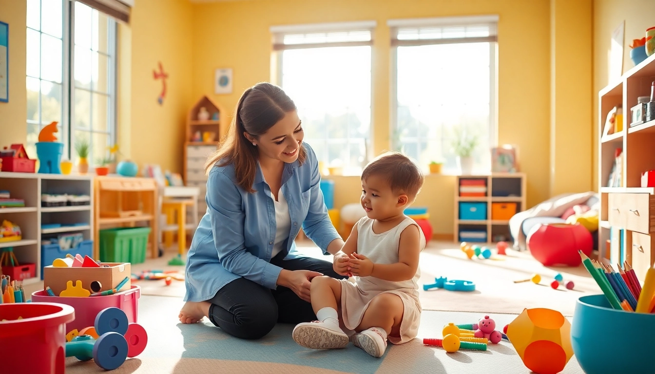Play Therapist engages with a child in a colorful and inviting therapy room filled with toys.