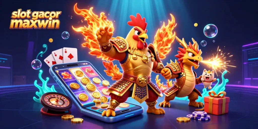 Experience slot gacor maxwin excitement with a dynamic rooster warrior and dragon in a vibrant casino scene.