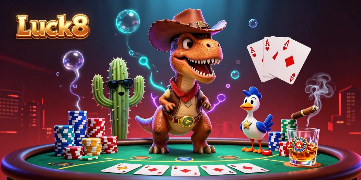 Luck8 hosts an exciting poker scene with colorful chips and characters in action.