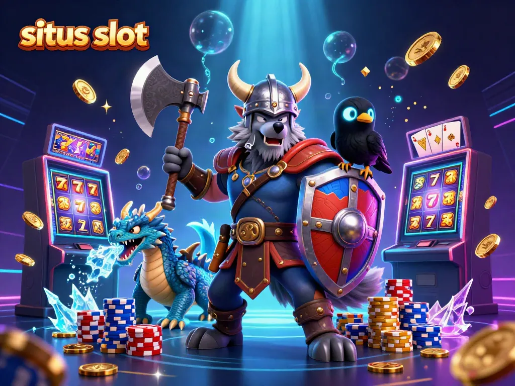 Memainkan situs slot dengan simbol keberuntungan dan karakter menarik yang mengelilingi mesin slot.