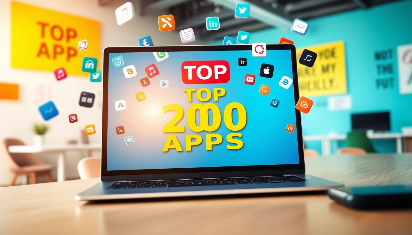 Showcase of top 200 apps with vibrant icons and a modern laptop in a bright office setting.