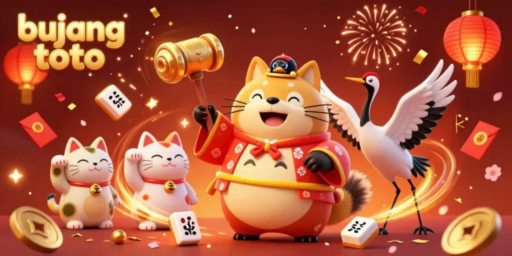 Bujang toto brings luck with a cheerful tanuki and friends celebrating in a vibrant casino atmosphere.
