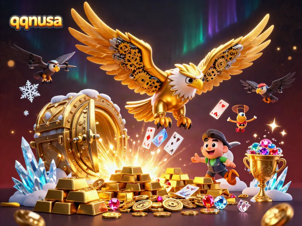 Experience the thrill of qqnusa with a cybernetic eagle diving through holographic cards in a vibrant casino atmosphere.