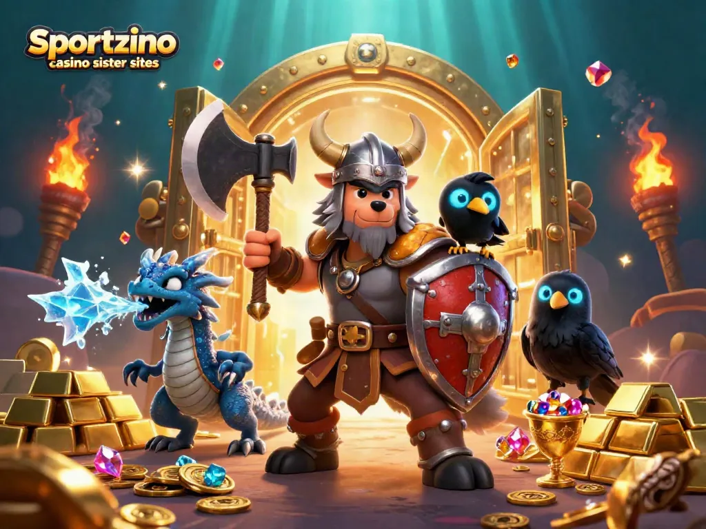 Experience the excitement of sportzino casino sister sites with Viking and dragon amidst golden treasures.