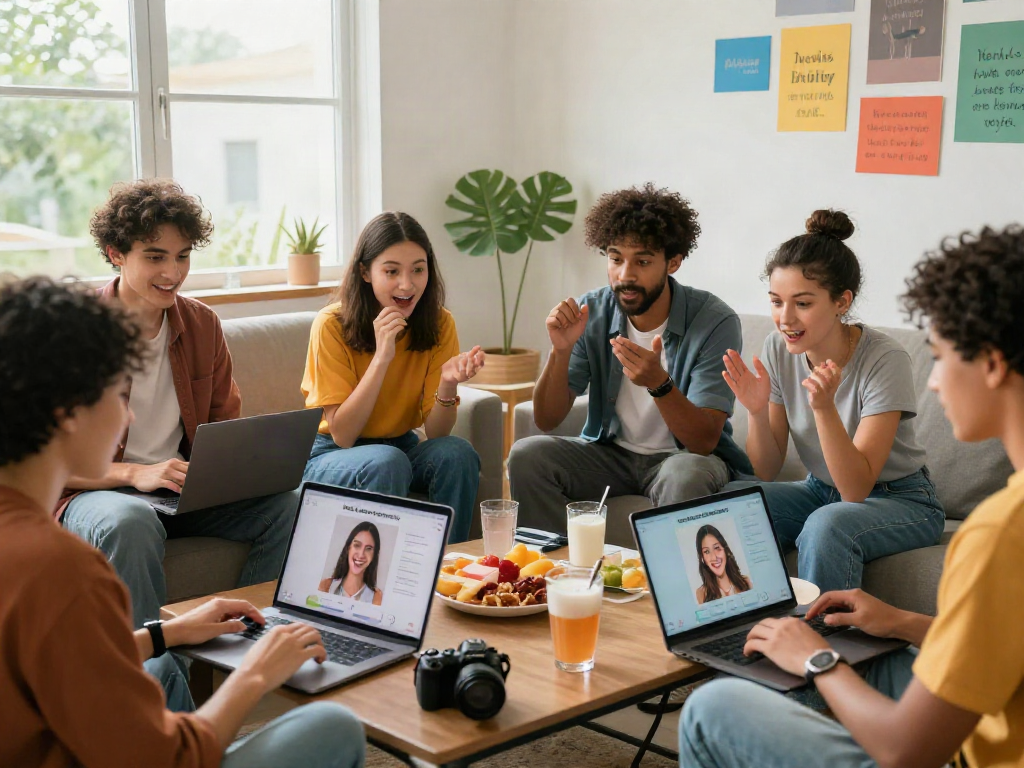 Group of friends testing attractiveness with an AI application in a bright home environment