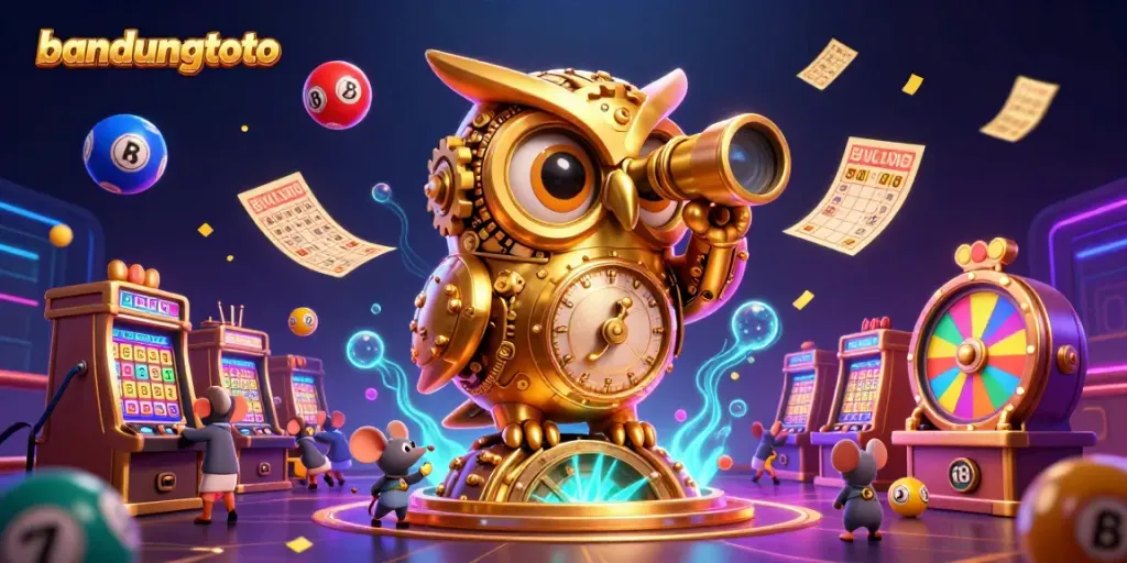 Experience the exciting world of bandungtoto with vivid casino illustration featuring golden owl and colorful game elements.