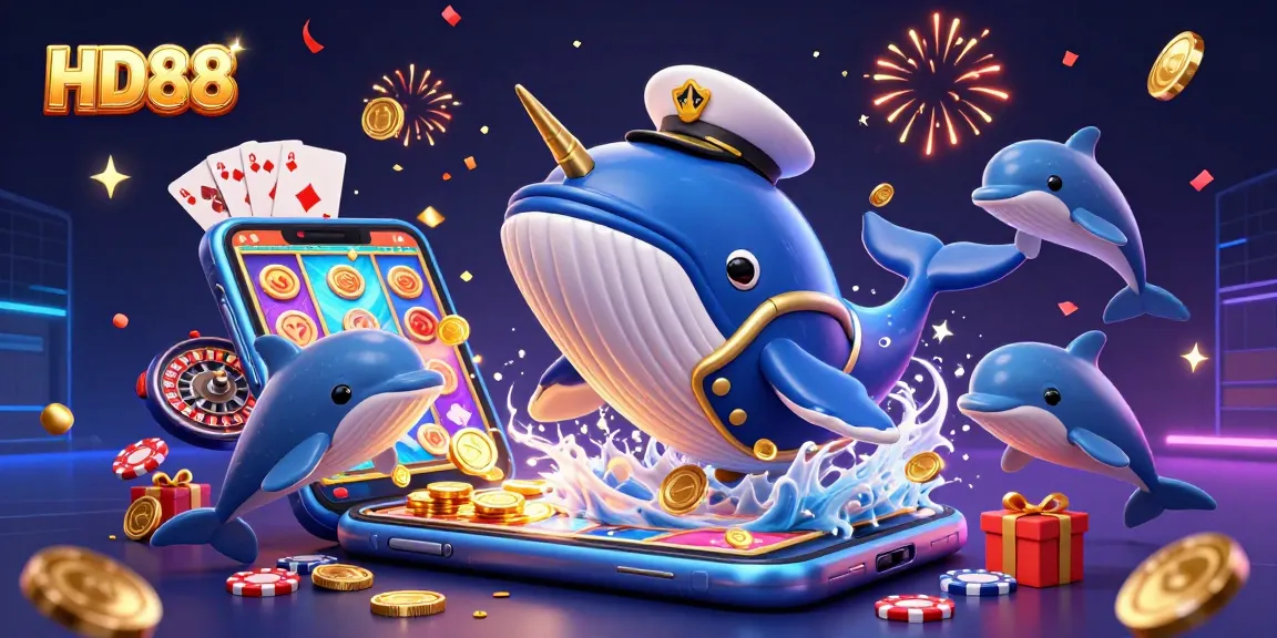Experience HD88 with thrilling gameplay alongside a whimsical whale and friends in a sea of coins.