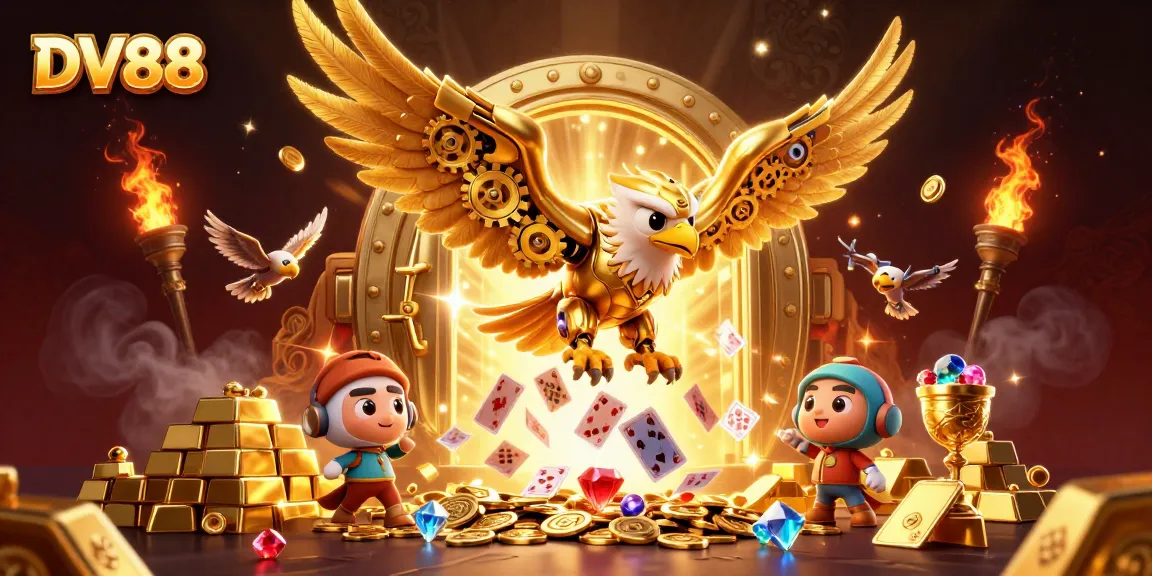 Experience the thrill of DV88 as the golden eagle dives through holographic playing cards amidst treasure.