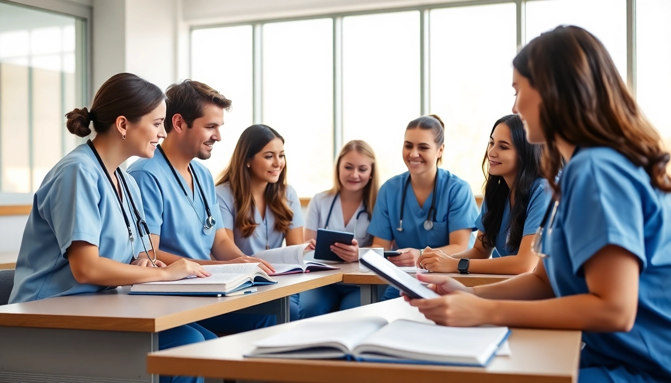 Students learning at an NCLEX review center Houston TX in a bright classroom setting.