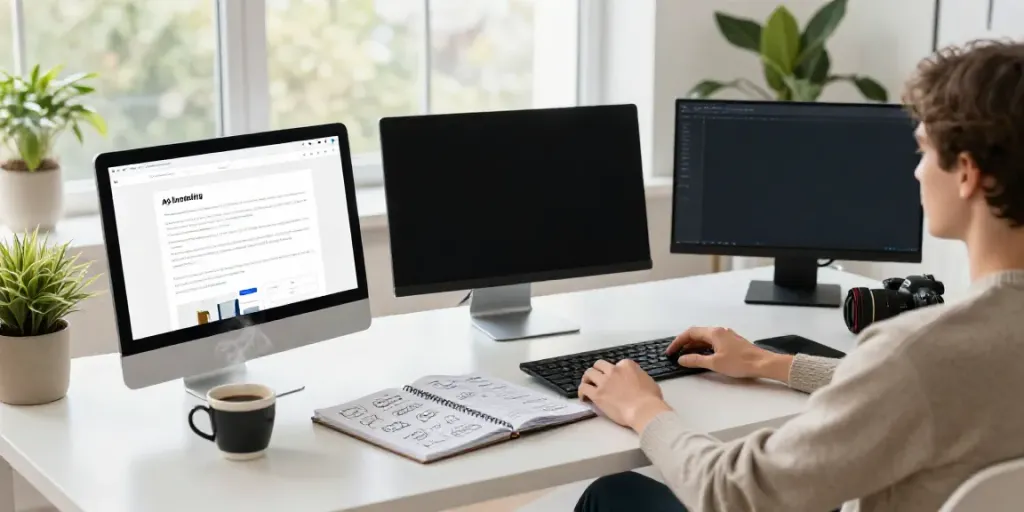 AI tools for landing page copy displayed on multiple monitors in a modern workspace