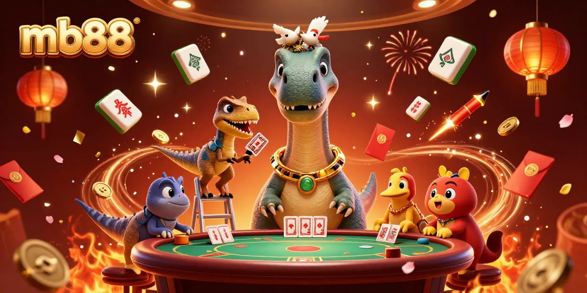 Engage with mb88 at an exciting casino event featuring a playful brontosaurus and dynamic card dealing.