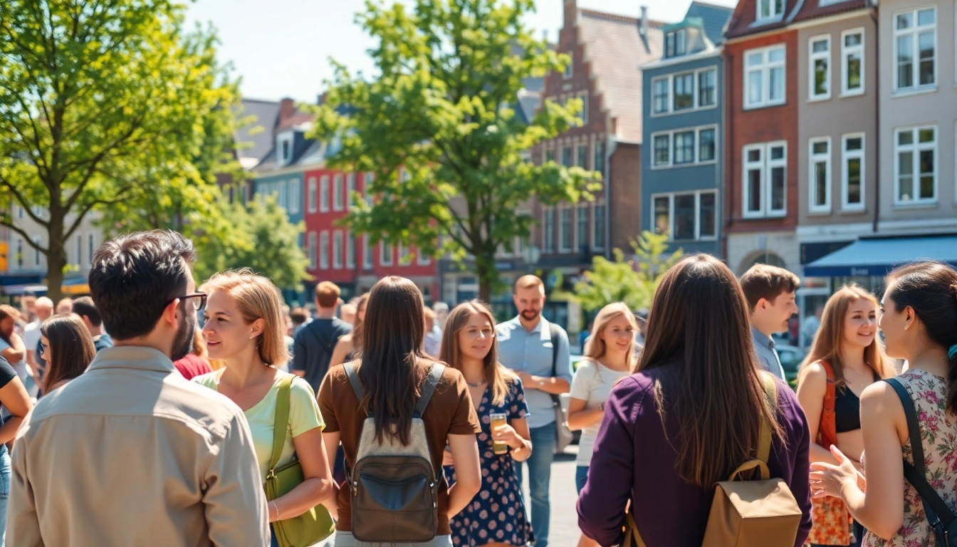 Eindhovenlokaal.nl community members sharing local news and tips in a vibrant outdoor setting.