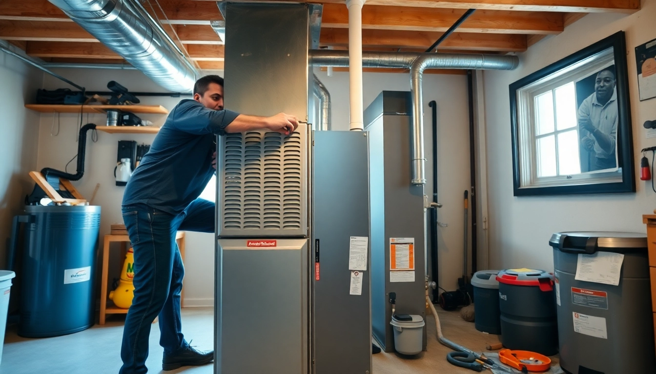Technician installing an American Standard furnace in a bright, organized basement.