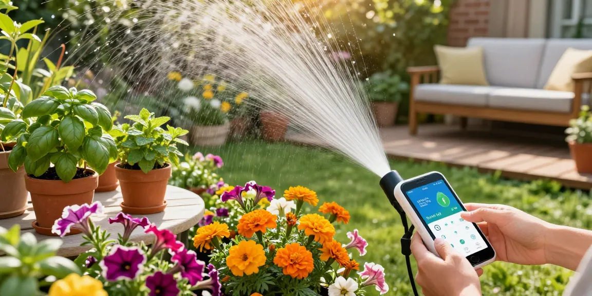 Gardener adjusting a wifi sprinkler controller to optimize watering in a vibrant flower garden.