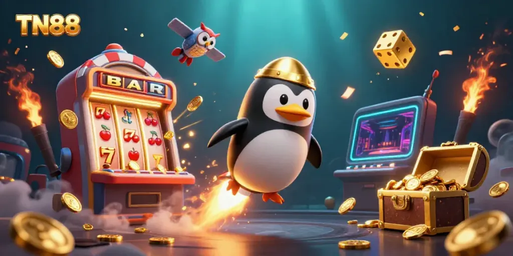 Experience excitement with TN88's vibrant casino-themed illustration featuring a golden penguin flying through space.