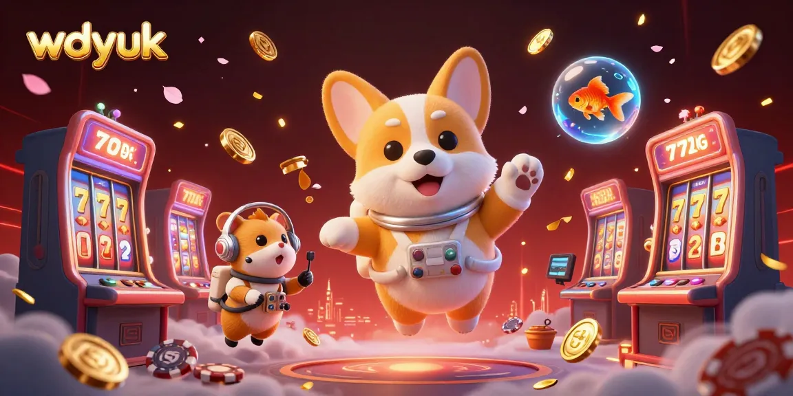 Experience the exciting wdyuk casino gaming scene featuring floating slot machines and a playful astronaut corgi.