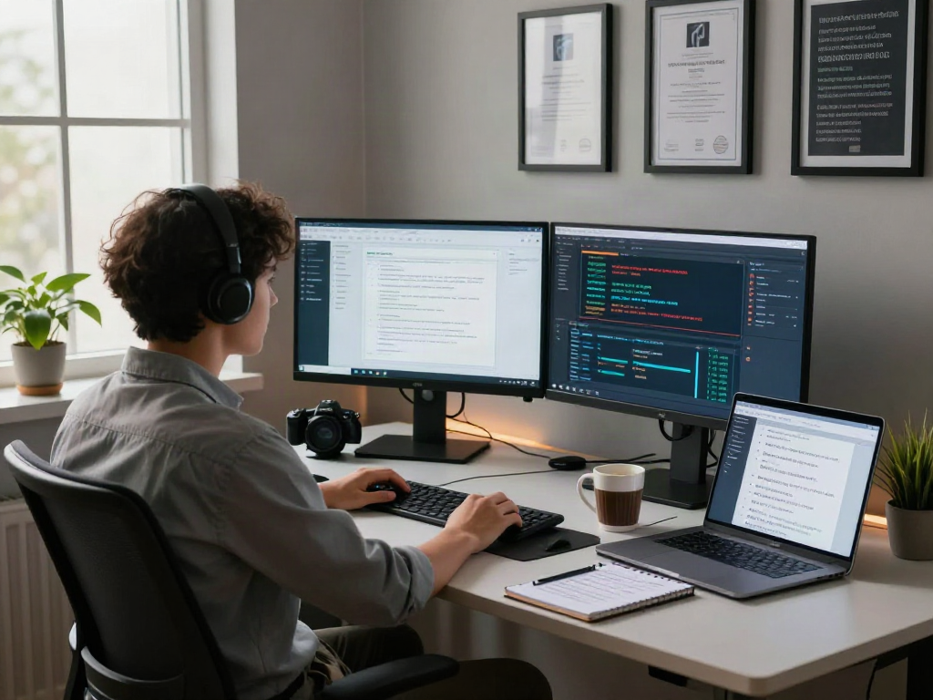Cybersecurity analyst focused on document fraud detection software in a modern workspace.