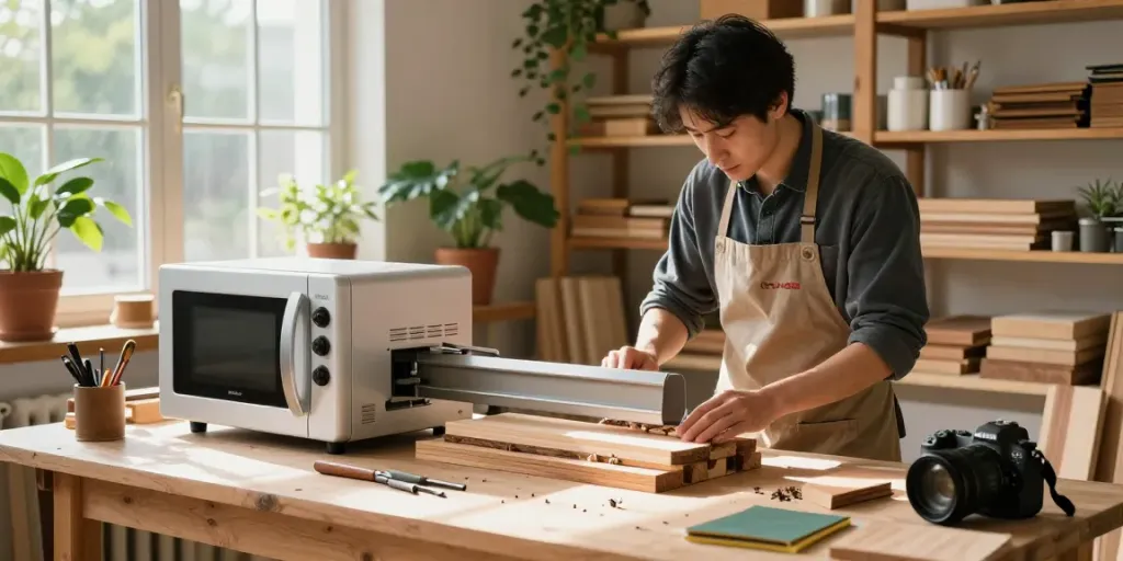 SHASHEL® microwave treatment device in artisan workshop eliminating wood-boring insects from treated wood.