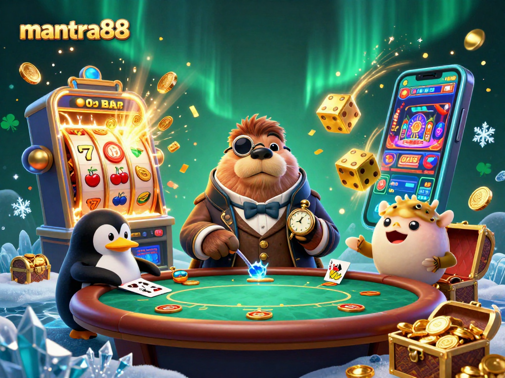Experience the excitement of mantra88 with a playful walrus at a poker table, surrounded by lively casino elements.