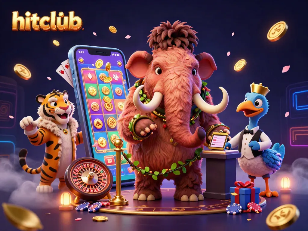 Hitclub vibrant casino scene featuring a mammoth bouncer, VIP tiger guest, and lively slots