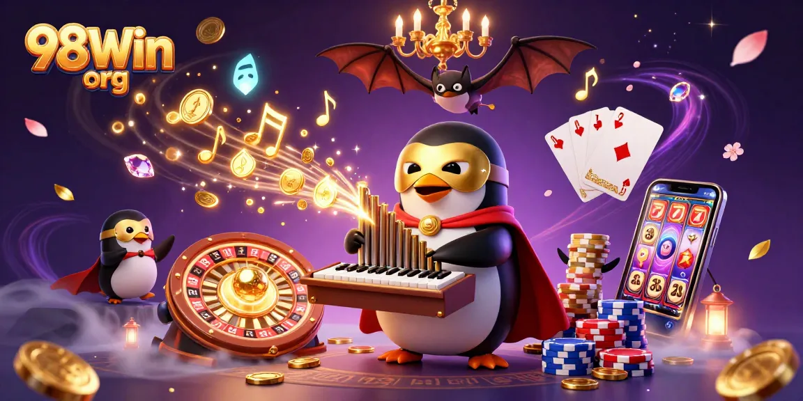 Win big at 98Win org with exciting casino features in this vibrant 3D illustration.