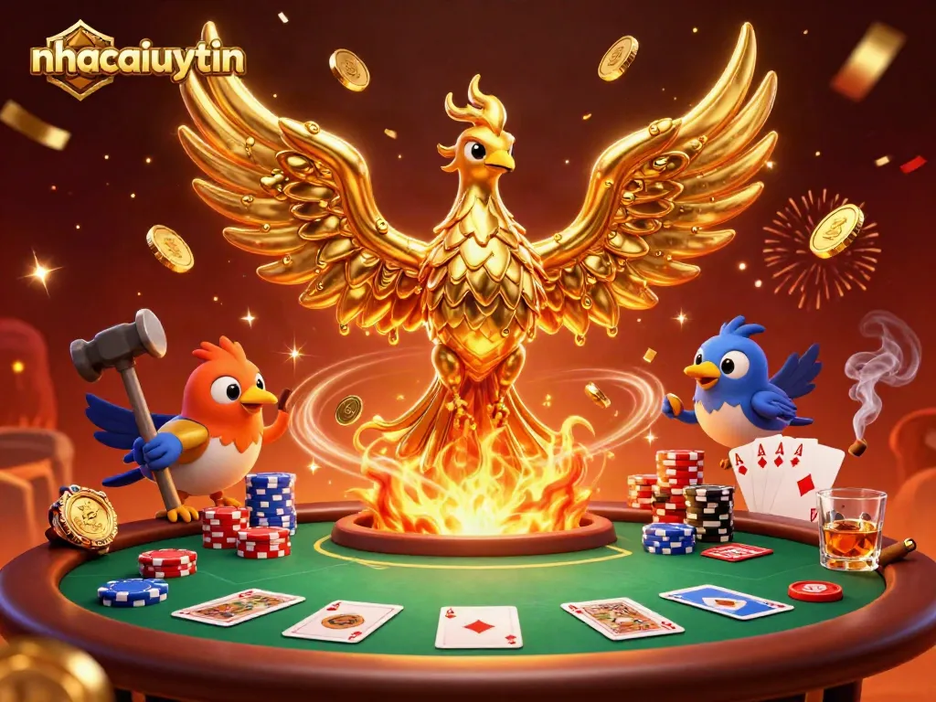 Experience vibrant casino excitement with nhacaiuytin, showcasing golden phoenix and poker elements.