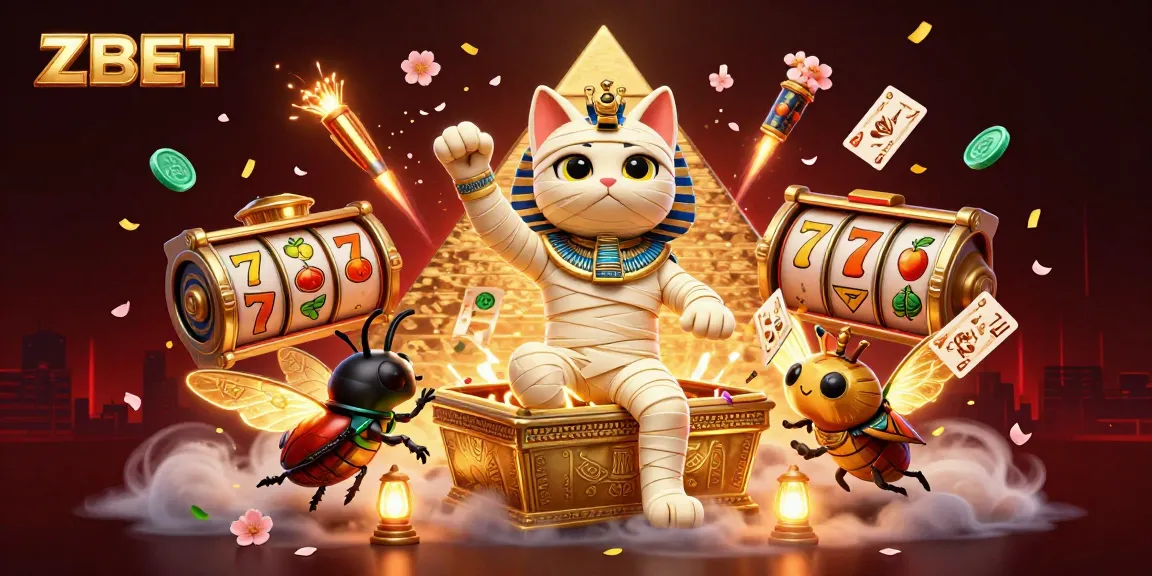 Experience the excitement of ZBET with a captivating Egyptian casino scene featuring a mummy cat and symbols of fortune.