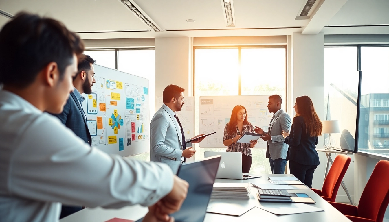 Engaged team of professionals showcasing done for you marketing strategies in a modern office.