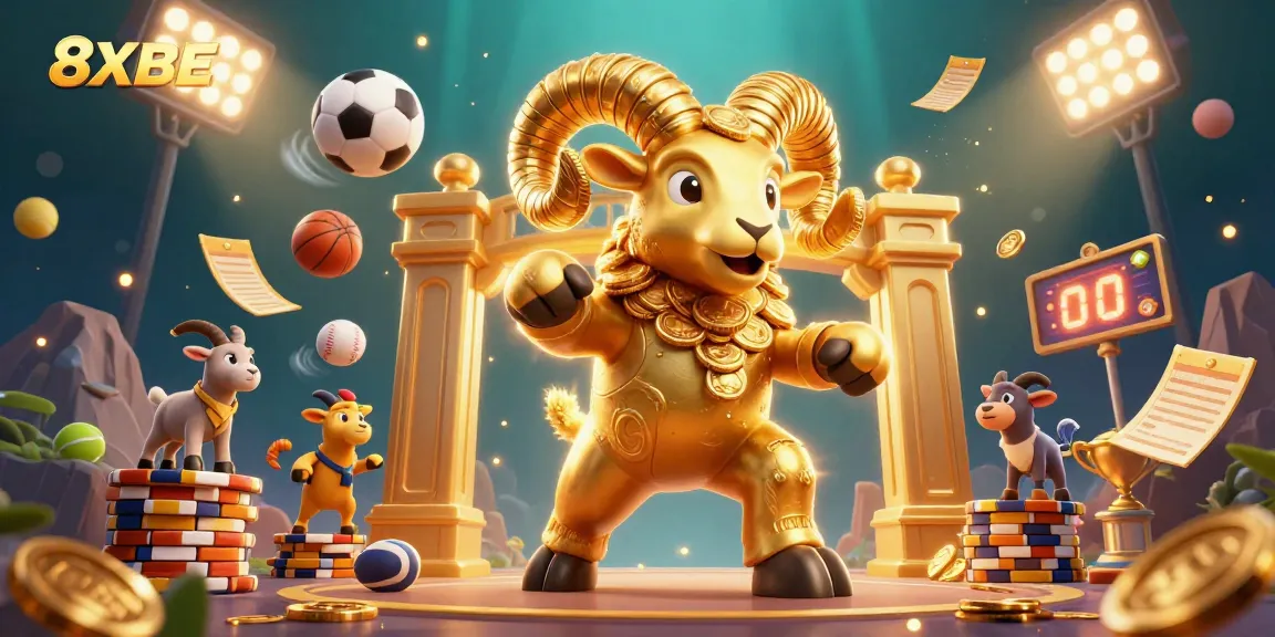 Experience vibrant 8XBET casino action with golden ram, sports balls, and dynamic energy.