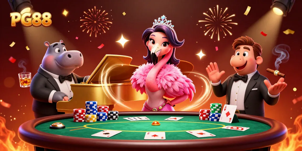 Engage in thrilling gaming at PG88 with a vibrant casino scene featuring a flamingo singer and a hippo bassist.