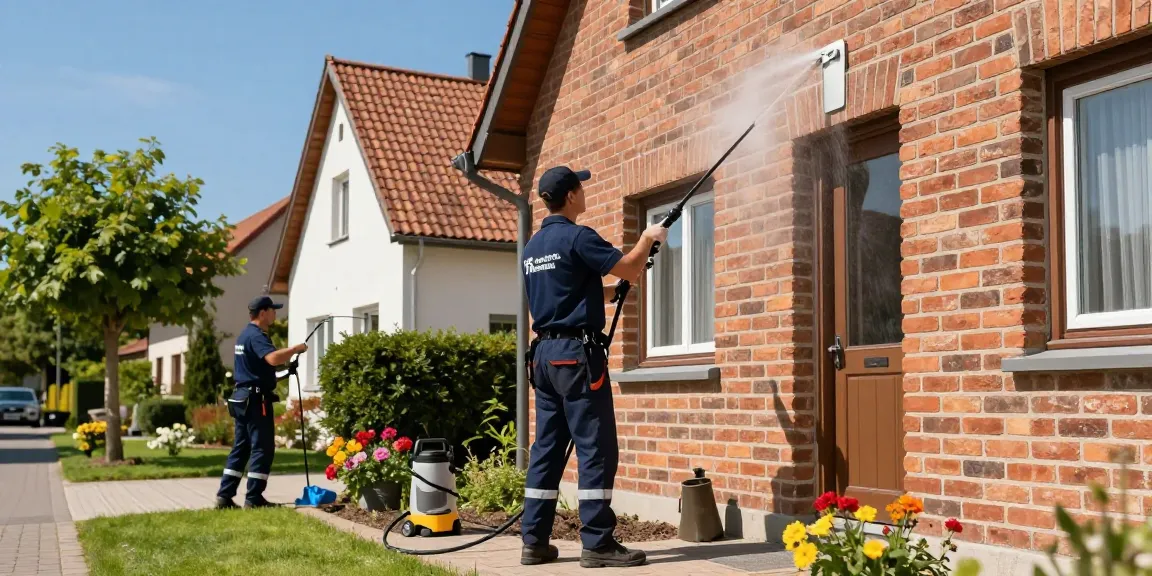 Reinigung Bad Hersfeld: Professionelles Team bei der Fassadenreinigung in einer schönen Wohngegend.