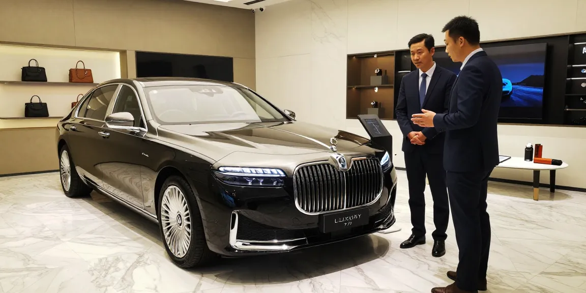 Mobil mewah dari koleksi LUXURY 777 dipamerkan di showroom modern dengan penjual dan pelanggan.