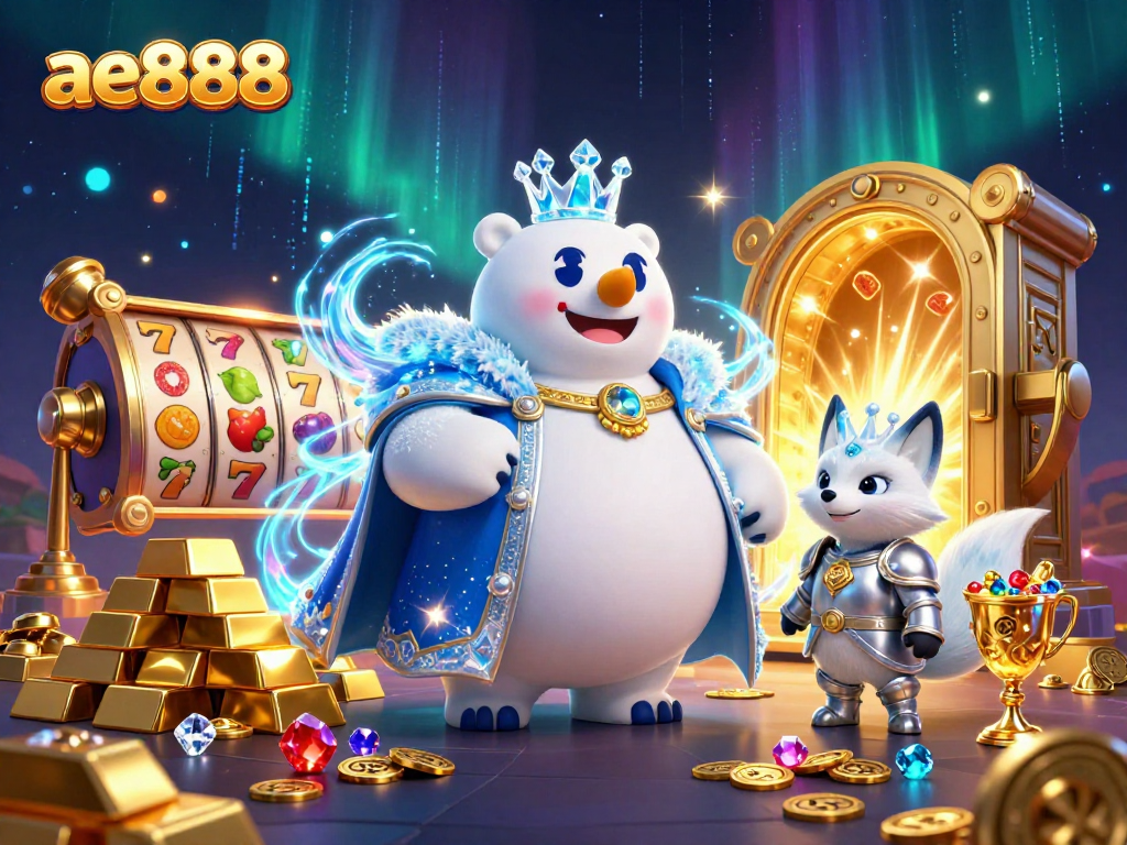 Engage with ae888's slot games, featuring a cartoon ice king and treasure elements in a vibrant 3D scene.