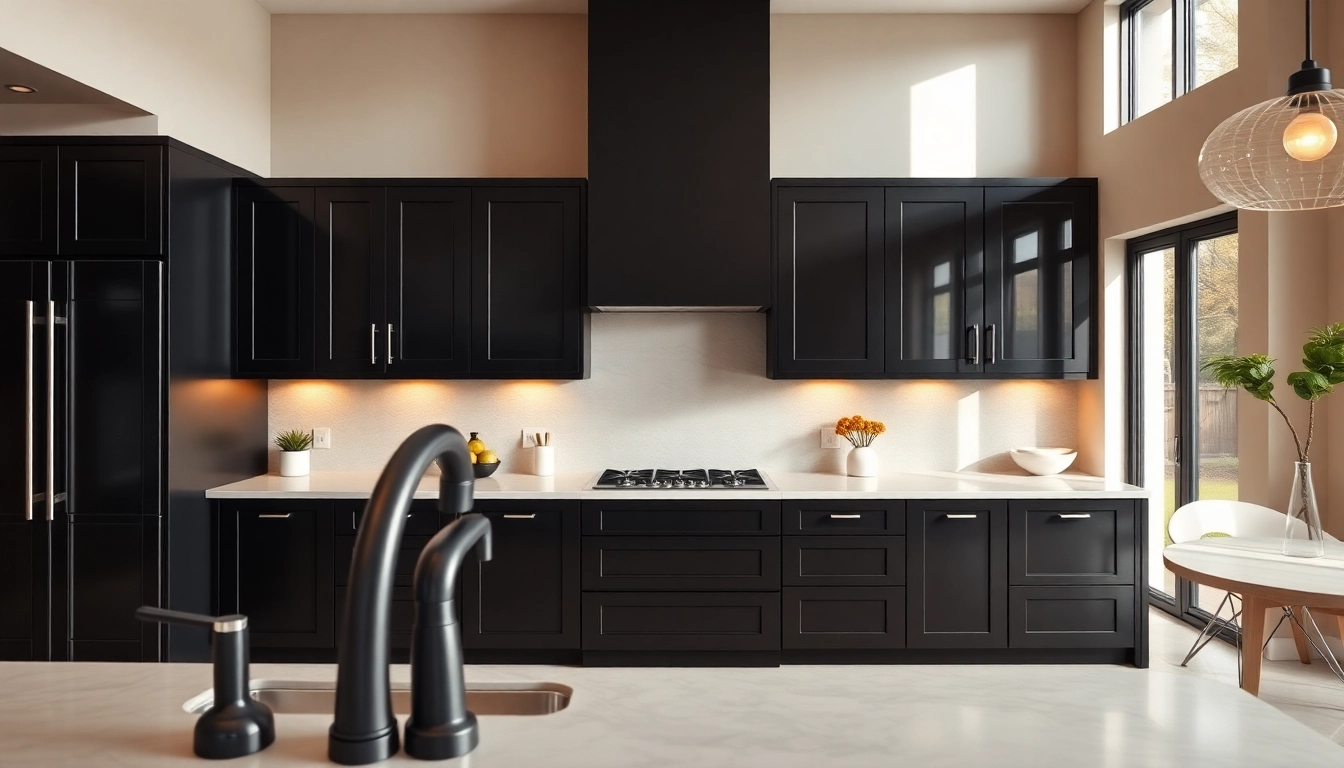 Enhance your kitchen design with elegant black cabinets and modern accents.